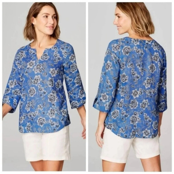 J. Jill | Blue Cream Floral Love Linen Split Neck 3/4 Sleeves Blouse Size XS - Picture 1 of 3